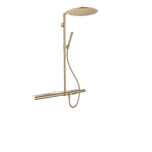 Duscheinrichtung von AXOR mit Kopfbrause und Schlauch. Rücklaufrohr und Thermostat sind sichtbar. Finish in gebürstetem Bronze.